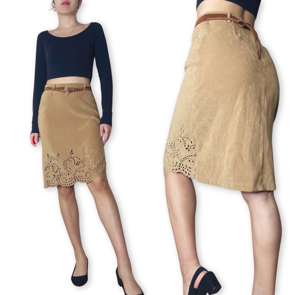Vintage Rave Stretch Camel Faux Suede Floral Laser Cut Skirt Size XS